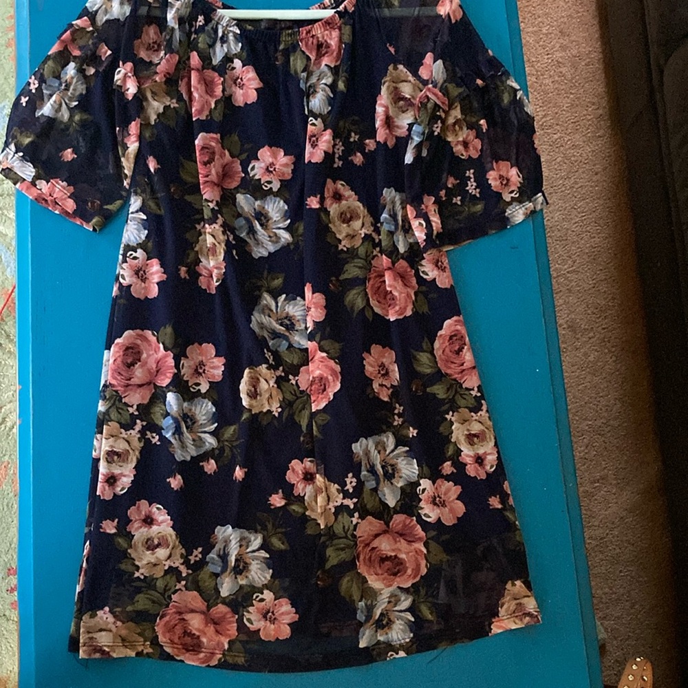Dress- Potters Pot floral. Sheer floral gauze over a Navy slip, dress up or down